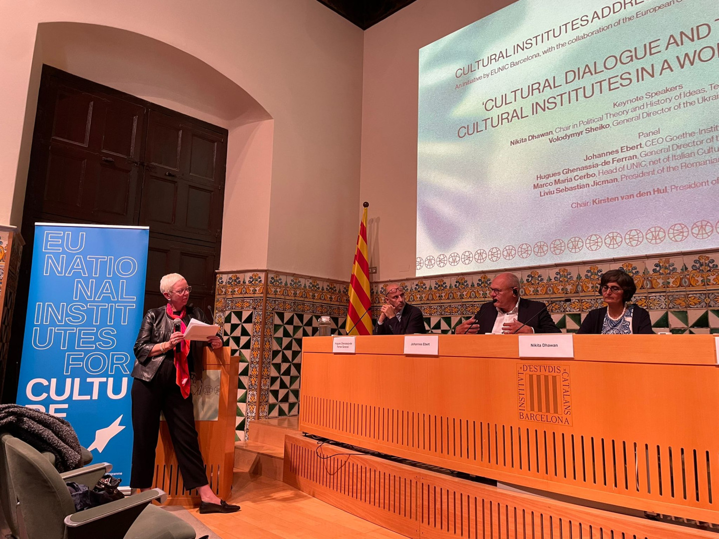 EUNIC President Kirsten van den Hul moderates panel discussion on 'Cultural Dialogue and the role of Cultural Institutes in a World in Conflict’, a EUNIC Barcelona cluster event.