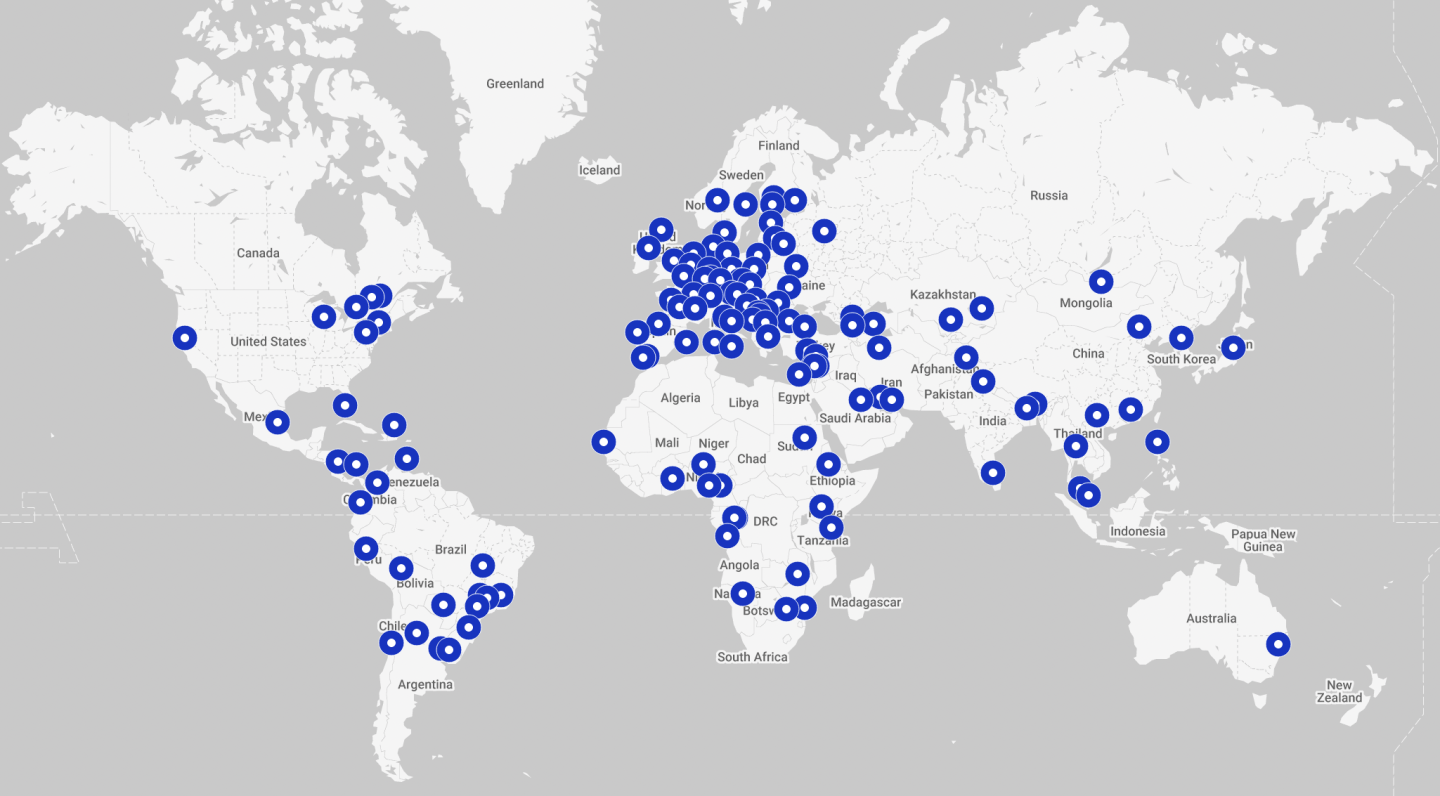 A map, showing the location of EUNIC clusters in the world.
